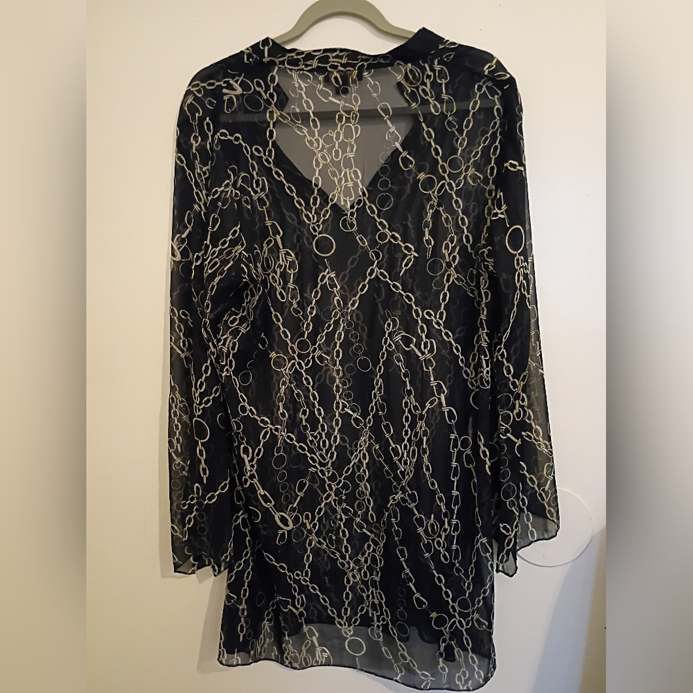 Pia‎ Rossini Chic Black Chain Print Sheer Cover Up Sz L
